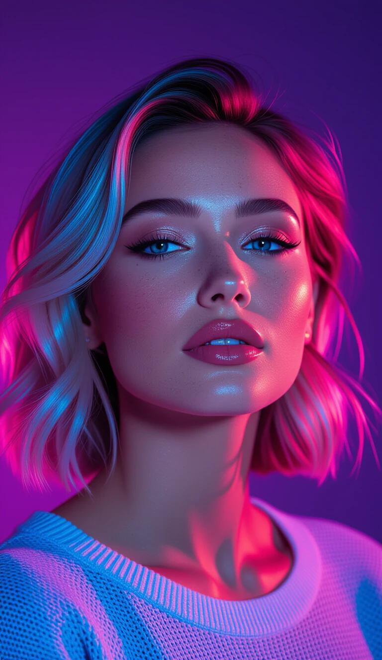 A woman's profile illuminated by vibrant pink and blue lighting. The image shows detailed facial features and an artistic background.