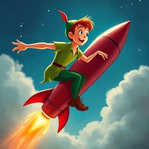 Peter Pan character rides a rocket during an adventurous scene. Sky filled with clouds and twinkling stars in the background.