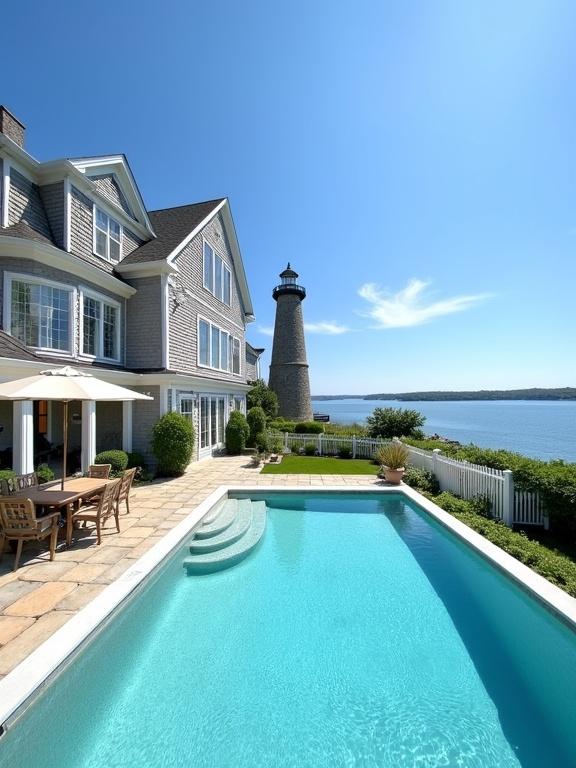 Landscape-oriented photograph of a swimming pool with light blue water and stone paver deck. Surrounding greenery and a patio area with a wooden dining table under a beige umbrella. A large house with gray shingle siding and white trim to the left. Dark-topped stone lighthouse in background. Calm water and clear blue sky with a few clouds. Ideal for real estate or travel use.