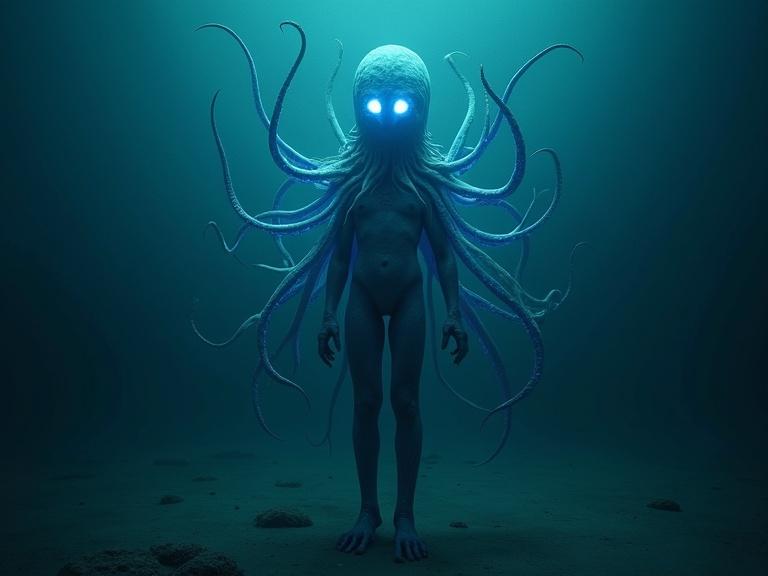 A humanoid creature with numerous long glowing blue tentacles. The creature stands on the dark ocean floor. It has large luminous eyes. The scene is cinematic, showing only the creature's back. The style is hadal surrealism and Kiyoshi Kurosawa with film stock.