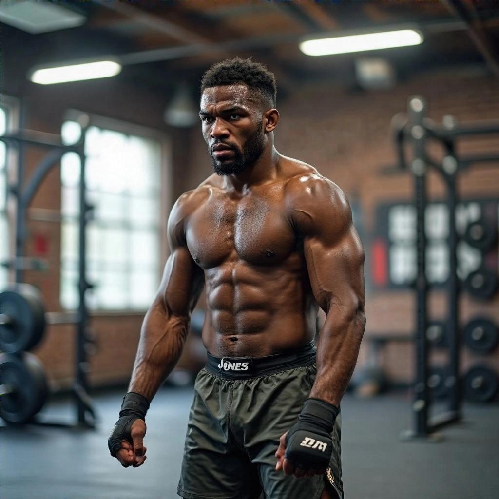 Athlete performing weightlifting in a gym. Focused and determined look. Wearing athletic shorts and gloves. Gym equipment visible in the background.