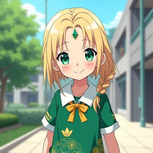 Anime character is a five-year-old girl with emerald green eyes and a light blonde braided ponytail. She wears a cute aquamarine uniform. She has emerald green diamond jewelry. The setting is a modern kindergarten during noon. The girl has a cute grin and is walking in a city filled with red cherry blossoms.