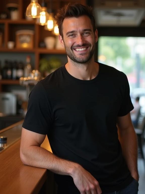 Handsome man in a cafe wearing black t-shirt standing at the bar. He smiles while leaning with one elbow on the counter.