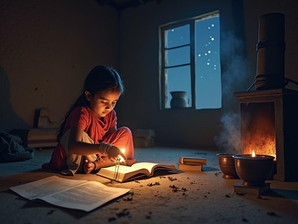 A young girl sits on the floor in a dimly lit room reading a book. She's illuminated by a candle's glow, with an atmosphere of warmth and tranquility. The room has rustic features, like a window showing the night sky and a fireplace. This scene captures a quiet moment of learning and reflection. The girl's focused expression implies deep engagement with the text. Surrounding are some scattered pages and a few more books, enhancing the sense of exploration and curiosity.