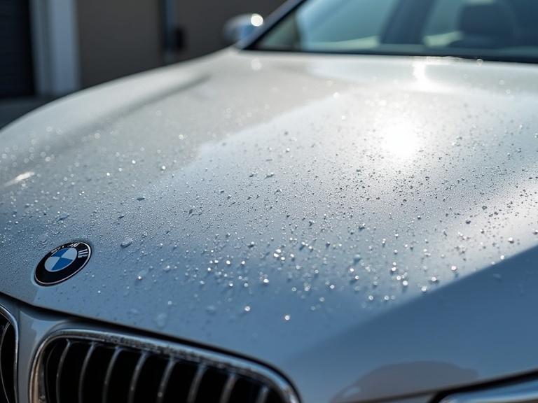 Close-up image showcasing a silver metallic car surface with water droplets post car wash.