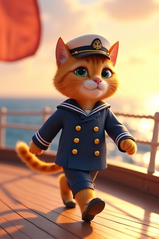 3D animated cartoon of a confident cat character walking on the deck of a navy ship. Cat wearing blue naval officer uniform with golden buttons and white sailor cap. Ship deck includes ropes and railings. Ocean sparkles in the background with a golden sunset. Cat's tail sways, ears perked, and expression is determined. Soft lighting and cinematic motion.