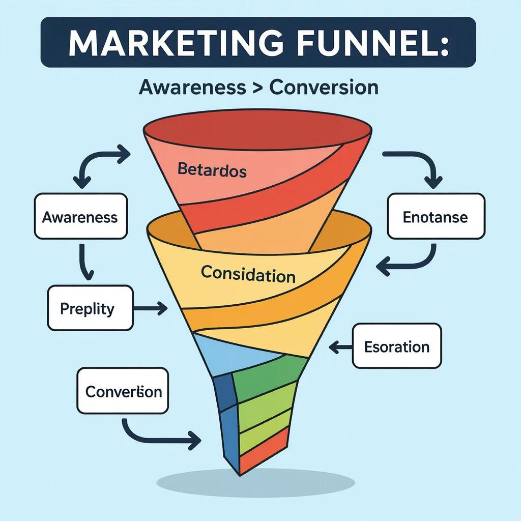 Illustration of a marketing funnel with stages of awareness, consideration, and conversion. Diagram features colored sections and arrows indicating flow between stages.