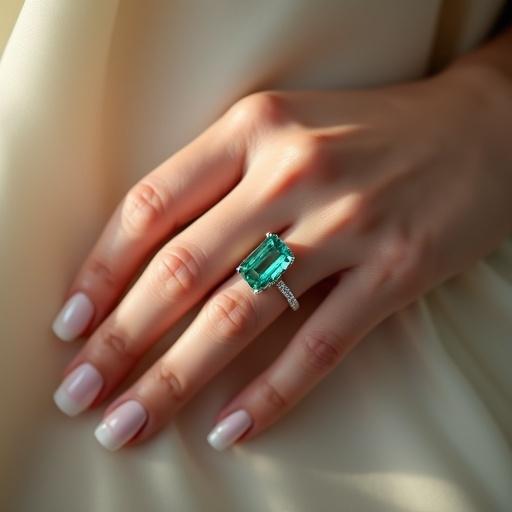 Photorealistic image of a female hand with a French manicure wearing an emerald-cut aquamarine ring in 18k white gold. The hand is at a 45-degree angle showing the aquamarine stone clearly. Soft studio lighting enhances reflections with a blurred ivory and champagne gradient background. Look appears luxurious and editorial.
