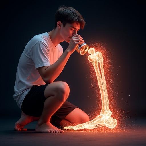 Realistic medical illustration of a young man kneeling and drinking soda from a can. Visual effects show soda traveling into his body with glowing trails towards the bones, showing calcium being drawn out. Bones are partially transparent with cracks. Dark background with faint labels like 'Calcium loss' and 'Bone weakness'. Style is semi-realistic and educational.