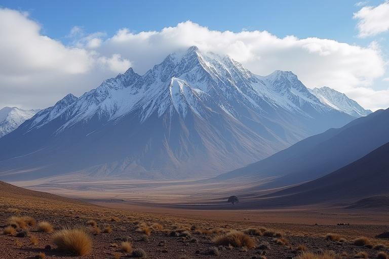 Wide view of the Kailash Hills with snow on peaks. Clouds and a vast landscape in foreground. Nature setting with a tranquil atmosphere.