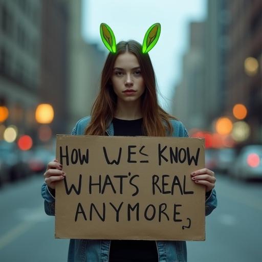 Young woman stands at urban street. Cardboard sign reads HOW WILL WE KNOW WHAT’S REAL ANYMORE? Artist initials PJ signed at bottom. Bioluminescent antennas emerge from her head. Calm, serious expression. Long brown hair and worn denim jacket. Background shows city buildings and glowing streetlights. Creates tension between ordinary and uncanny.