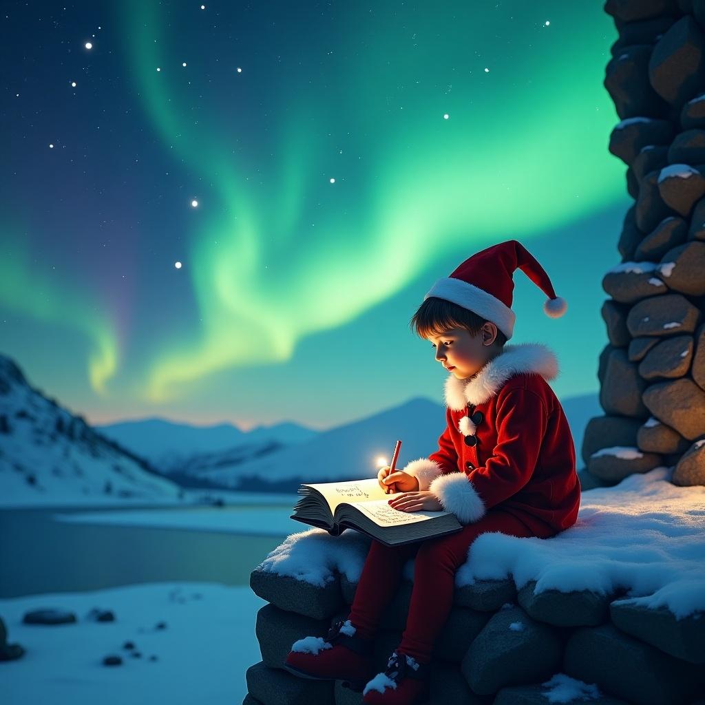 A child dressed as an elf, complete with a Santa hat, sits on a rocky ledge in a winter landscape. They're deeply focused on writing in a book, embodying the spirit of Christmas. The backdrop showcases the stunning northern lights, illuminating the night sky with vibrant hues of green and blue. Stars twinkle above, creating an enchanting atmosphere. This magical moment captures the joy and whimsical nature of the holiday season.