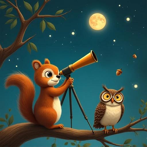 A playful squirrel observes falling acorns using a telescope. A wise owl tallies the acorns as they cascade like meteors. The scene occurs at night with a bright full moon. The setting is a serene forest. Trees branch out around them.