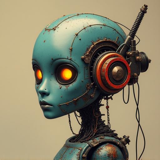 A blue android with large eyes. Features robotic elements and headphones. Set in a laboratory. Designed to resemble a Japanese beautiful girl.