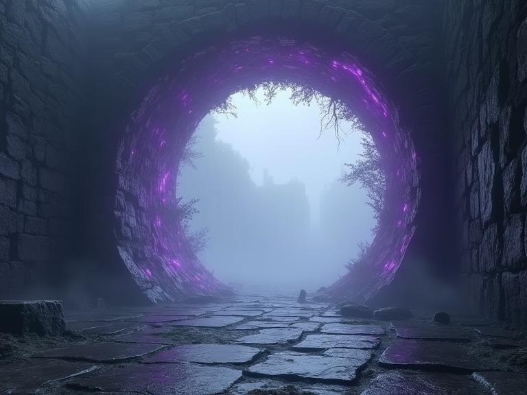 An oval shaped interdimensional portal appears in a foggy graveyard. The outer ring is chaotic while the interior swirls with watery textures in soft purple hues. The floor is a solid rough stone slab surrounded by thick magical mist. A wide view shows the portal at eye level. The atmosphere is dramatic and mysterious with ultra-detailed realistic craftsmanship.