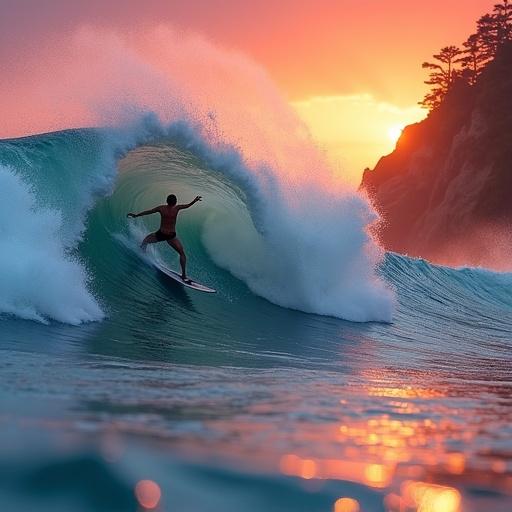Hyper-realistic scene of a surfer catching a massive wave at sunset. Vibrant orange and pink sky reflecting on the water. Composition emphasizes wave movement and surfer posture. Soft warm lighting highlights spray and foam. Lush coastal cliffs in the background. Artistic style inspired by high-definition adventure photography.