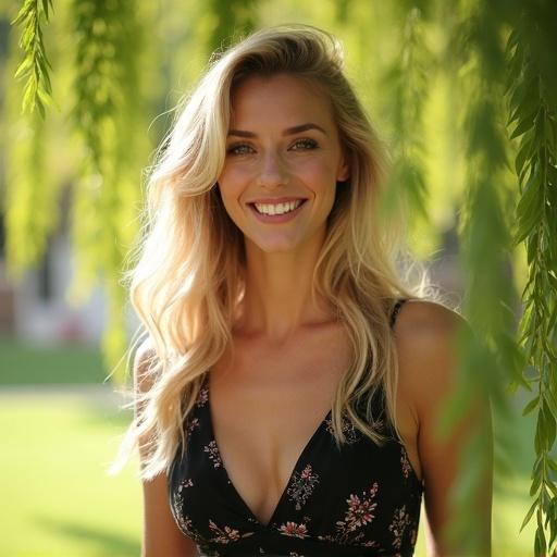 Captivating portrait of a woman with long wavy blonde hair wearing a floral black dress. Surrounded by a bright green backdrop with hanging leaves. Dappled sunlight highlights her features. The scene conveys a cheerful and tranquil mood in an outdoor setting.