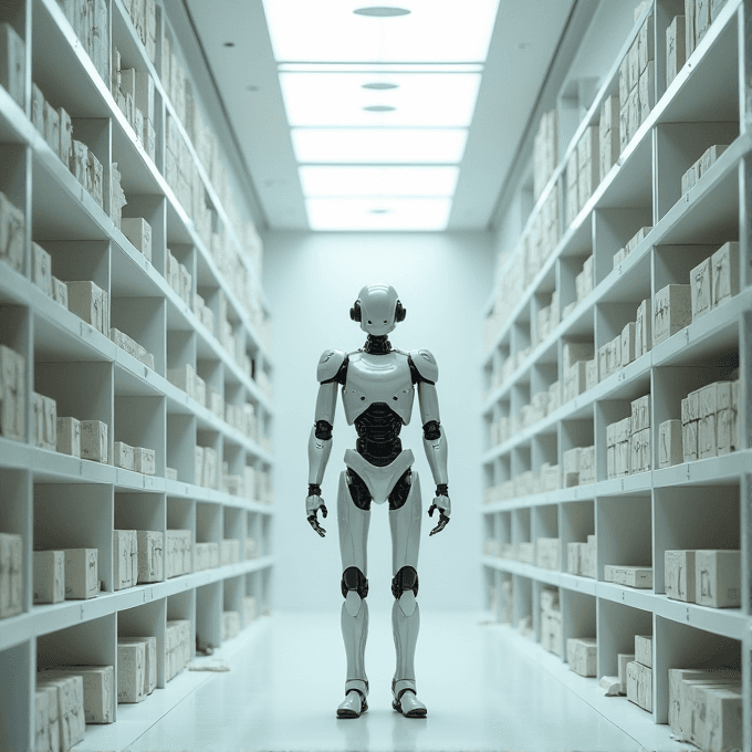 A humanoid robot stands in a well-lit library archive surrounded by shelves filled with neatly organized books or documents.