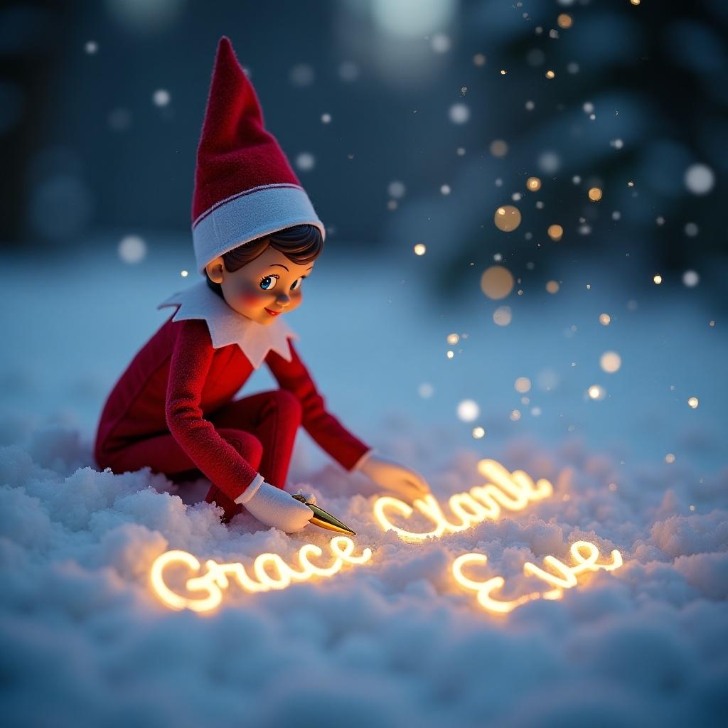 An Elf on the Shelf writes names in the snow. The elf wears a red outfit and white collar. Using a golden pen, it writes cursive letters that glow. Softly falling snowflakes surround the scene. Soft lighting highlights the elf and writing against the snow.