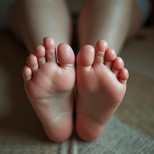 A close-up of female feet. The feet are relaxed and placed flat. The setting reflects a casual atmosphere. Soft and natural lighting enhances the scene. Focus on the elegance and beauty of the feet. The background is slightly blurred for emphasis.