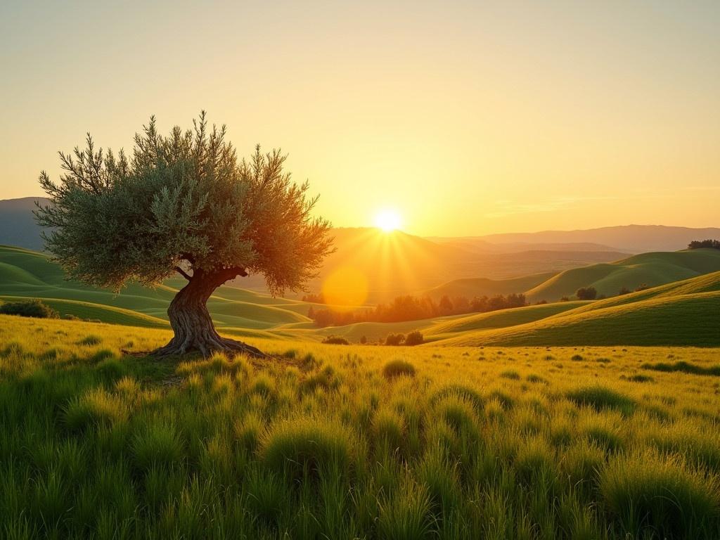 A picturesque sunrise illuminates a serene landscape featuring an olive tree. The tree stands gracefully in a lush green field, symbolizing life and tranquility. As the sun rises, golden rays glow, casting a warm light over the scene. The sky transitions from soft oranges to light yellows, enhancing the beauty of the morning. Rolling hills in the background add depth to the image, creating a peaceful atmosphere. The olive tree, with its twisted trunk and vibrant leaves, serves as a focal point amidst the expansive greenery.