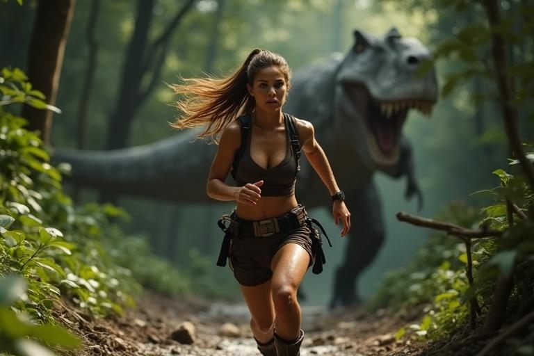 Dynamic scene featuring a female adventurer running from a giant dinosaur in a dense jungle. The atmosphere is tense with danger as she spots a cave for possible refuge.