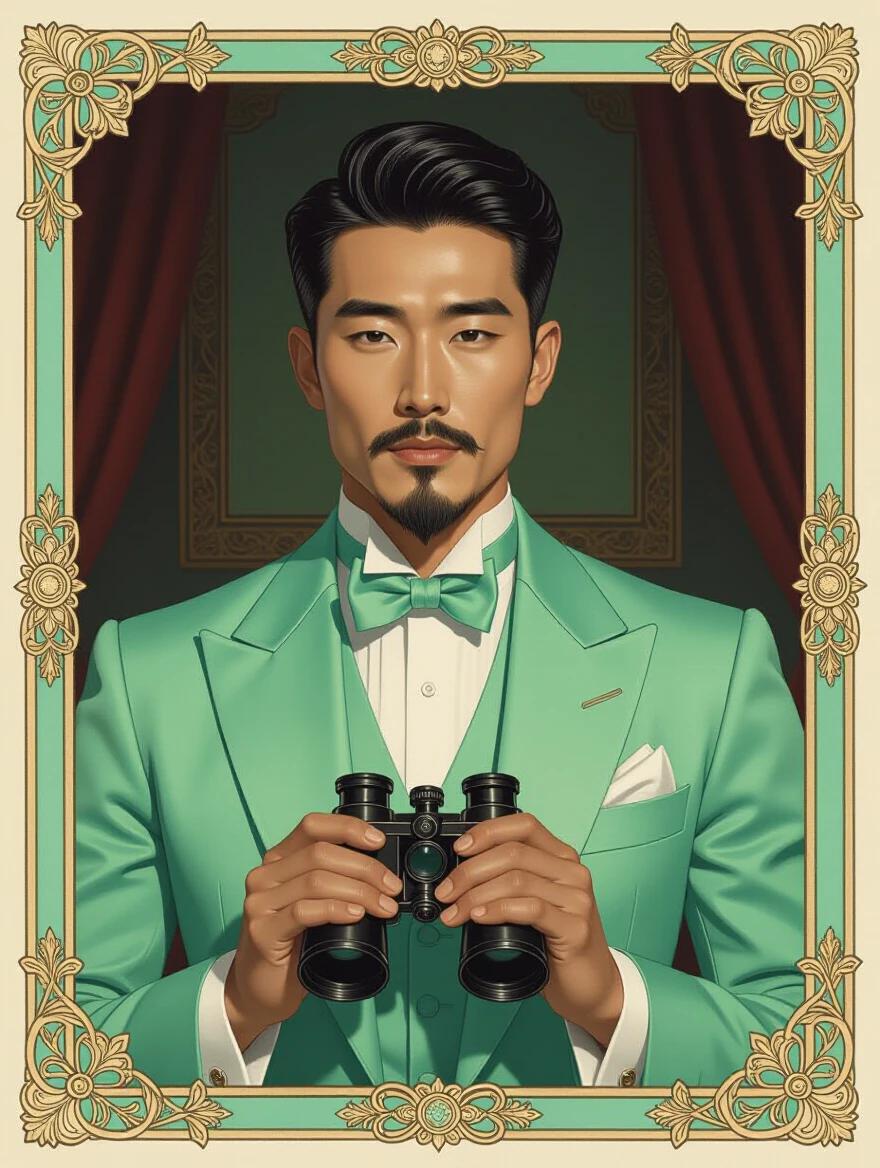 Oil portrait of a Korean man in his 30s. He has neatly styled facial hair and a narrow face. He wears light mint green 1940s formalwear. He holds binoculars in a dim mansion room. The tone is dark and mysterious. The image has an art nouveau border.