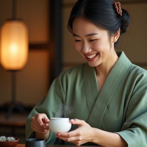 A Japanese woman performing a tea ceremony. Hands steady while pouring tea. Hair styled in a chignon with a hairpin. Wearing a soft green kimono. Mole at the corner of her mouth. Dewy skin from steam. Soft lantern light flatters her smile. Crinkled eyes show warmth. Tatami mat and tea utensils blurred in background. Minimalist background for focus.