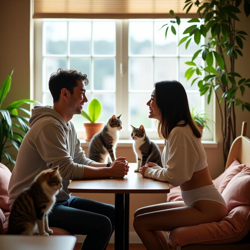 This image captures a lively scene inside a bright Cat Cafe in Tokyo during the day. A man and a woman sit across from each other, laughing and enjoying playful interactions with several cats around them. The woman elegantly showcases her casual style with a cropped sweatshirt, while a hint of her athleisure product is subtly visible. The cafe is filled with cheerful vibes and ample natural light, creating a warm and inviting atmosphere. Soft cushions and plants add a cozy touch to the decor, making it a perfect spot for cat lovers to relax and socialize.