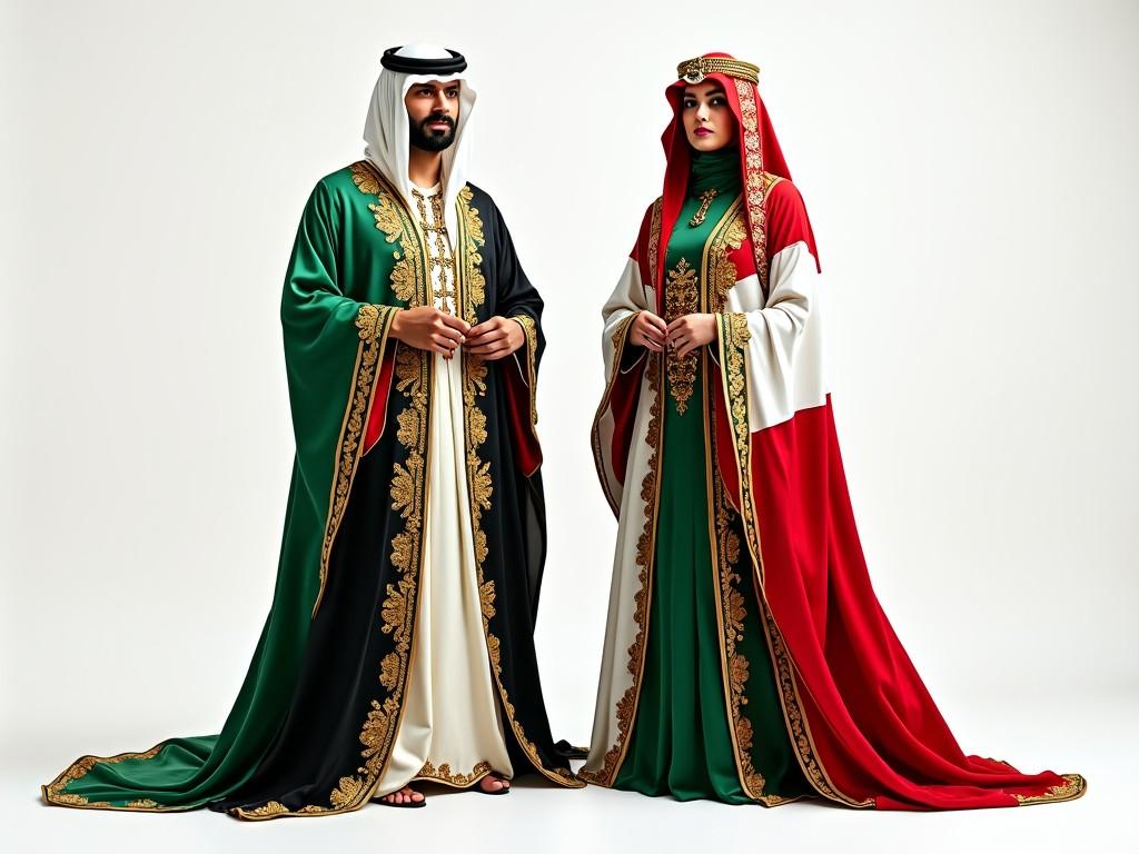 The image showcases a man and a woman wearing traditional Kuwaiti costumes. The man is adorned in a striking outfit featuring the colors of the Kuwaiti flag: green, white, black, and red. He wears a traditional headpiece that complements the costume. The woman stands beside him in a richly embroidered dress that incorporates these national colors, adorned with intricate gold designs that reflect cultural aesthetics. Together, they embody the pride and heritage of Kuwait, set against a neutral backdrop to emphasize their vibrant attire. This portrayal aims to inspire and educate viewers about the beautiful national costumes of Kuwait.