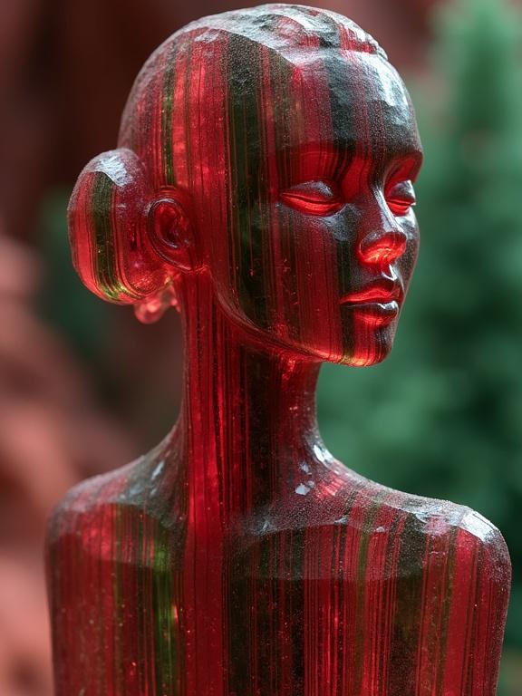 A female silhouette made of red-green tourmaline crystals. Vertical stripes create a classic design. Background and scene are entirely made of tourmaline crystals. Stylish and elegant look.