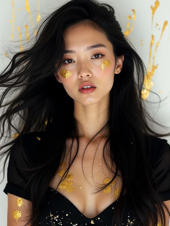 A close-up photo captures a woman with flowing black hair and light skin. She showcases sharp, delicate features and golden paint splatters on her skin and outfit. Her black top contrasts with her radiant beauty. The background features white with gold accents, enhancing the elegant feel of the image.
