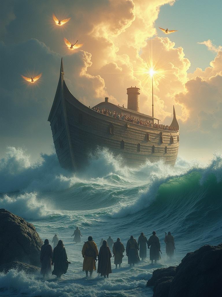 Noah's Ark on turbulent sea waves. Ark surrounded by clouds. Many people walking into the Ark. Scene depicts holiness with angels in the clouds.