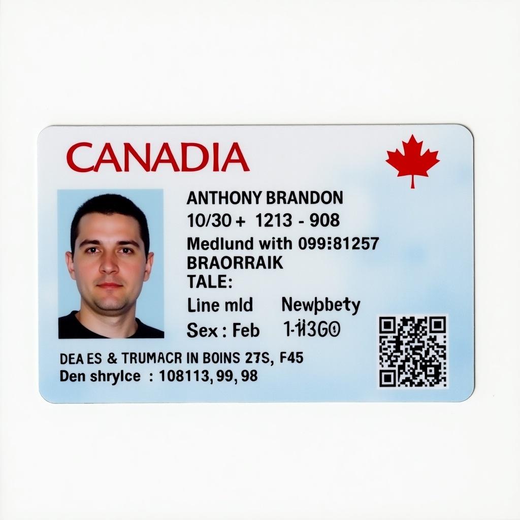 Image of a Canadian driver license card. Includes name Anthony Brandon, sex male, date of birth February 09, 1996. Professional design for identity verification.