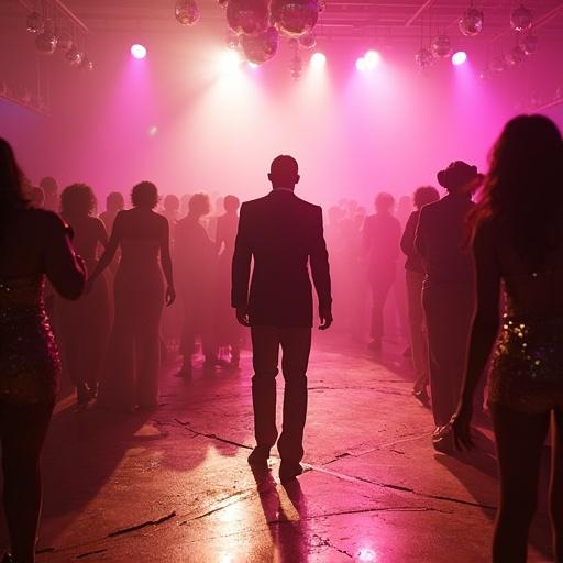 Cinematic wide-angle view of a disco dance floor crowded with joyful dancers. Lights in vibrant pink and gold create an energetic atmosphere. Edge of the scene shows a floor starting to split, revealing a cold, digital void. Detective Ramsey stands silhouetted at the boundary, caught between two worlds. Lush disco-era colors with unsettling undertones and hard shadows.