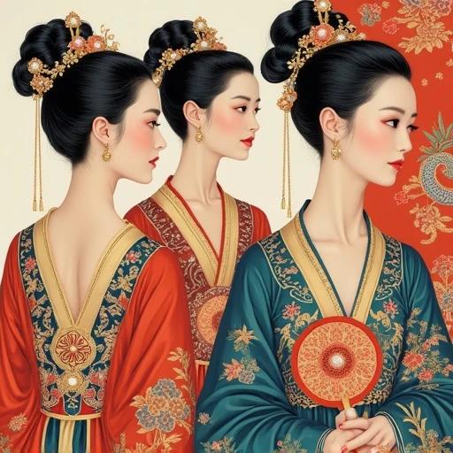 A meticulous painting of court ladies in gorgeous costumes. Costumes embroidered with dragon and phoenix patterns. Ladies have gold hairpins and pearl flowers in hair. Each lady holds a round fan. Background shows exquisite details of a palace corner. The overall atmosphere is graceful and luxurious.