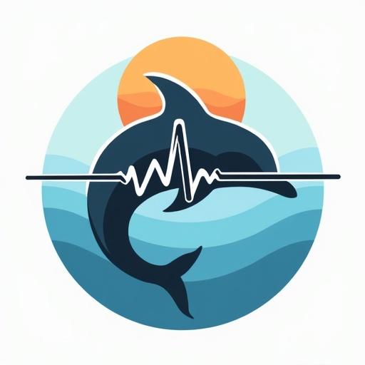 Circular emblem logo featuring a central stylized dolphin underwater. Integrated EKG heartbeat line resembling a wave pattern across the dolphin. Small graphic sun sets above the EKG line. Limited color palette of deep blues, contrasting EKG highlight, and warm orange. Clean and balanced vector art.