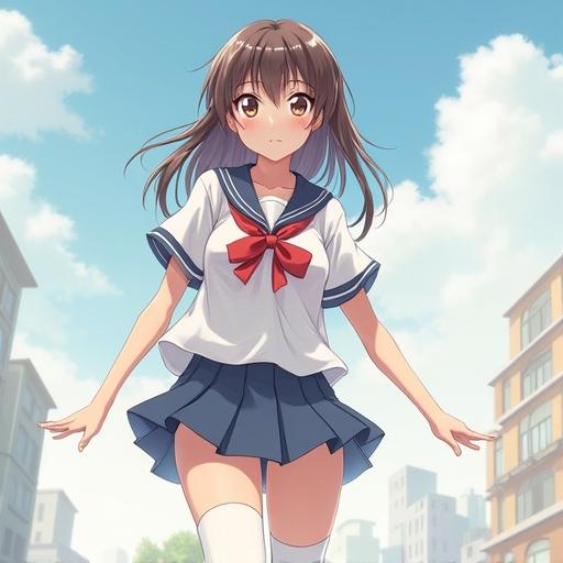 Anime-style image featuring a schoolgirl wearing white tights. The character has long brown hair and is dressed in a school uniform with a short skirt. The scene depicts a sunny day and is set in an urban environment.