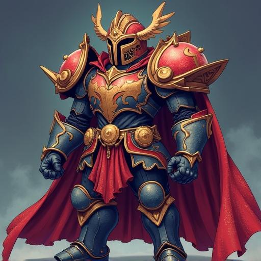 Overlord character in chibi style. Character wears glitterplate armor with dull-blue, red, and gold colors. Features a cape and ornate helmet.