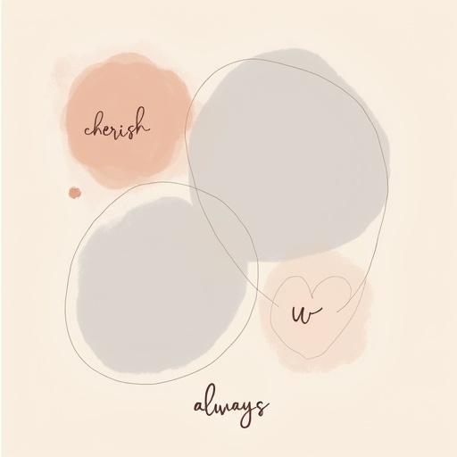 Square-format collage with three photo areas on a soft neutral background. Oval frame in top left labeled 'cherish'. Heart frame above center labeled 'always'. Rounded rectangle frame in bottom right labeled 'us'. White borders with soft shadows. Clean geometric shapes with minimal text. Balanced, romantic, modern layout with warm tone.