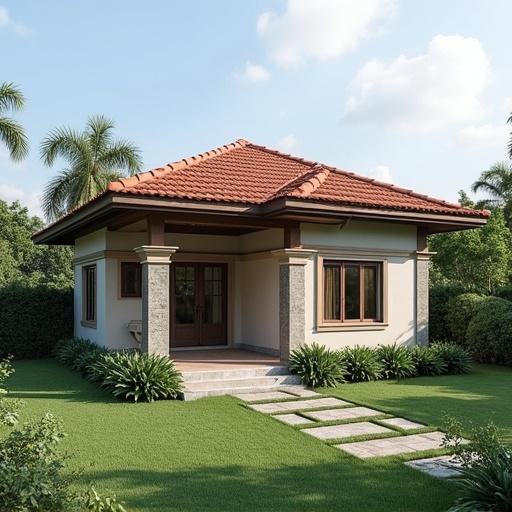 1-storey house with tile roof. House design features minimalist elements typical of Indonesia. Surrounding lawn with neatly arranged pathway. Green landscaping enhances exterior aesthetics.
