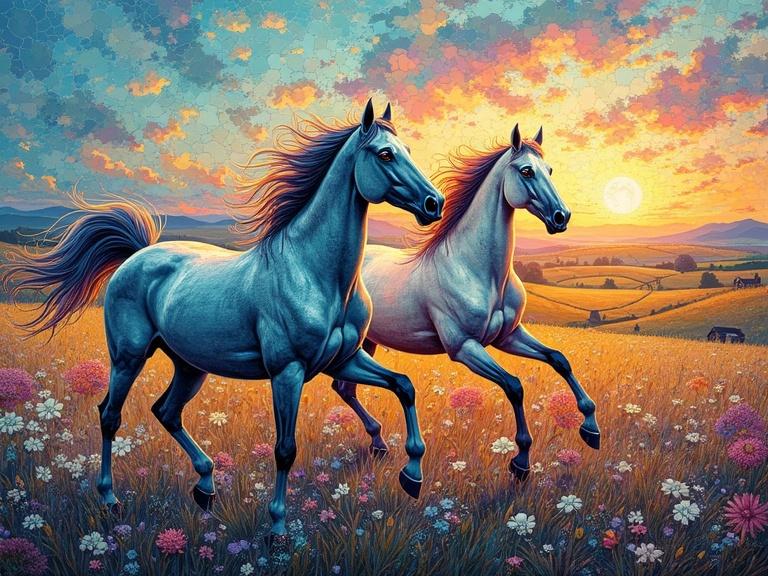 Vibrant horses galloping through a serene landscape with intricate details. Blend of art nouveau and futuristic styles. Features sunset and flowers in the background.