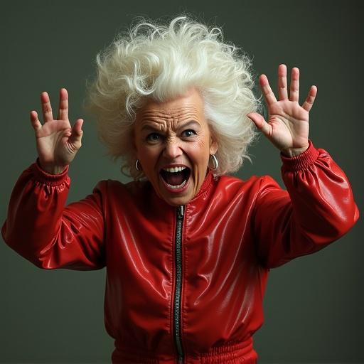 An elderly woman with wild white hair displays an angry expression. She wears a bright red jacket and has her hands raised, as if expressing frustration or anger.