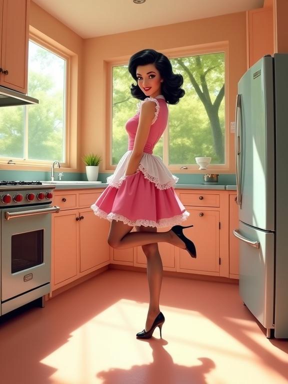 Kitchen scene styled in 1950s retro theme. Cartoon pin-up housewife stands in center. She wears pink dress with frilly apron. Black stockings and high heels add glamour. Hair is glossy and voluminous with bangs. Makeup includes red lipstick and eyeliner. Housewife strikes flirtatious pose, leg bent up, confident smile. Kitchen features warm peach tones. Cabinets are retro style. Vintage oven and stainless steel refrigerator. Large window reveals green trees outside. Shiny, reflective floor enhances clean feel of space. Scene resembles vintage advertising illustrations.