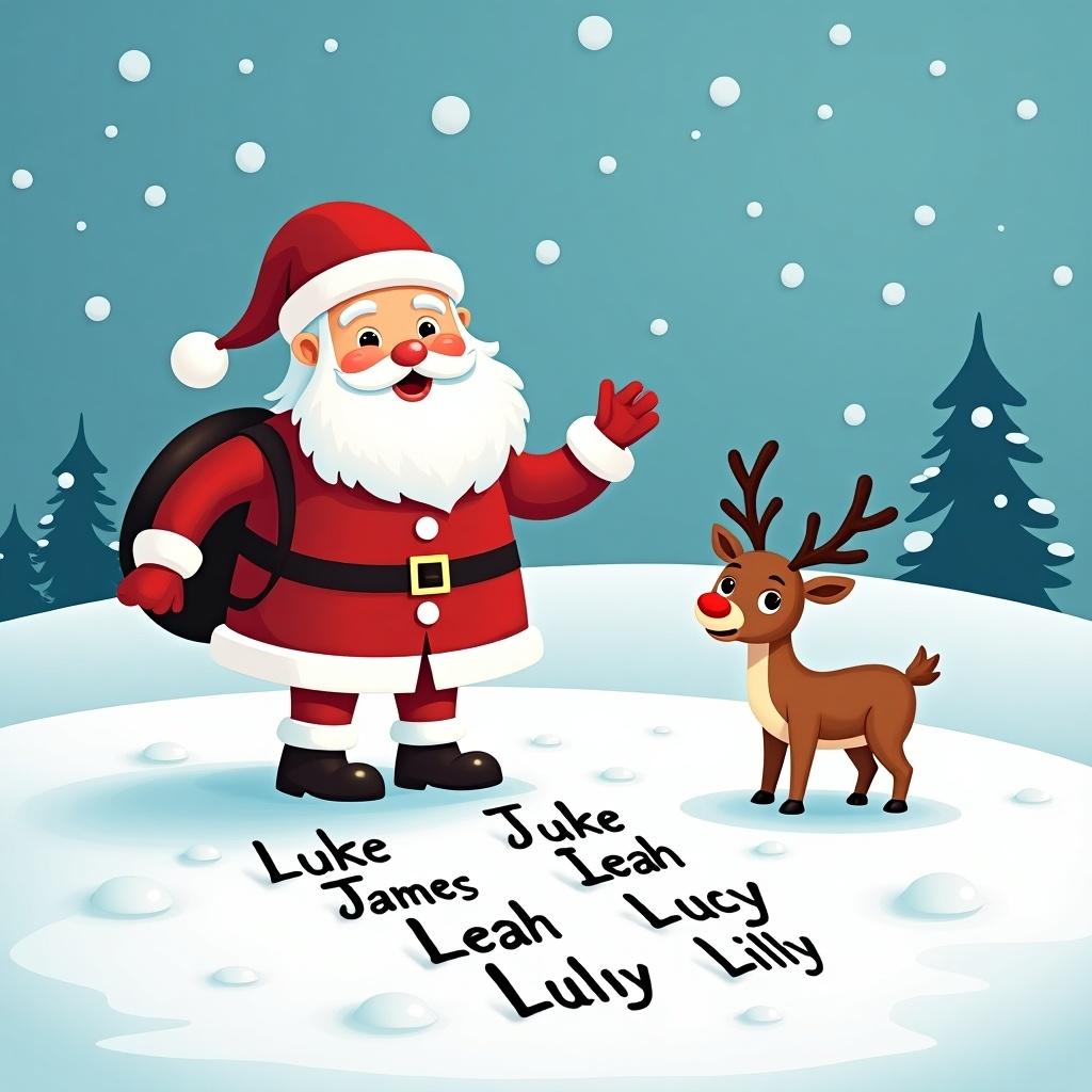 Santa Claus stands in snowy landscape. He writes children's names in the snow. Names include Luke, James, Leah, Lucy, Lilly. A cheerful reindeer observes. Bright blue background and fluffy white snow create a festive atmosphere.