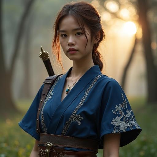 A 25-year-old female senior scout named Clarisse is in a misty forest at dawn. She wears a deep indigo kimono-inspired outfit made of luxurious silk with golden and silver flower embroidery. Features such as delicate short sleeves and a slim obi-style sash enhance her silhouette. Archery armor provides protection while maintaining elegance. She has a polished lapis lazuli pendant, chestnut brown hair adorned with a kanzashi hairpin. Carrying a longbow and trap pouch, she embodies a skilled scout in a serene setting.