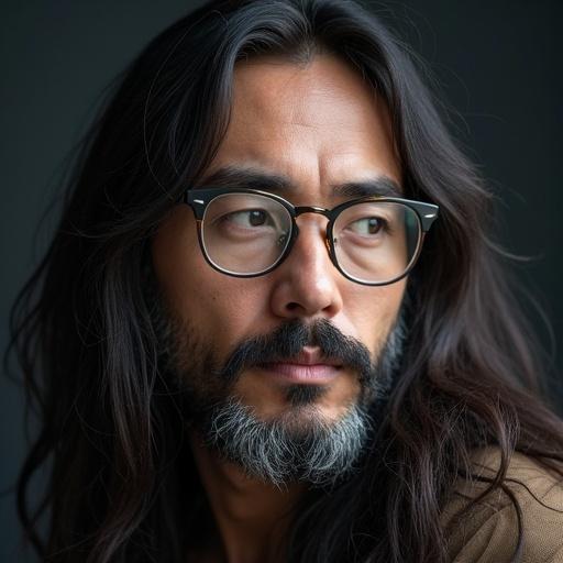 Closeup shot of a handsome man with long hair, beard and mustache. He has modern prescription glasses. The expression is serene and thoughtful.