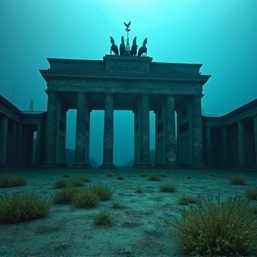 Brandenburg Gate submerged under the sea for over 100 years. Structure overgrown with marine vegetation. Shows elements of decay and historical significance. Ethereal underwater scene with blue tones.