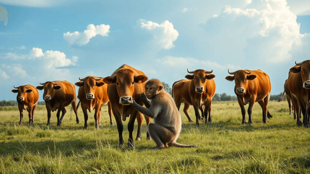 A monkey gently interacts with a cow in a field surrounded by other cows.