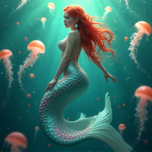 Create a hyper realistic image of a mermaid swimming in an ocean. Her tail shines with turquoise and pink scales. She has red hair and blue eyes. Clam earrings adorn her ears, and a small clam collar is around her neck. Surround the mermaid with glowing jellyfish and small fish in a majestic underwater scene that showcases the beauty of the ocean.